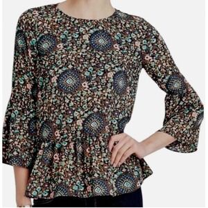 J CREW Blue Pink Floral Geo Print Bell Sleeve Peplum Boho Top Ruffle Blouse Sz L